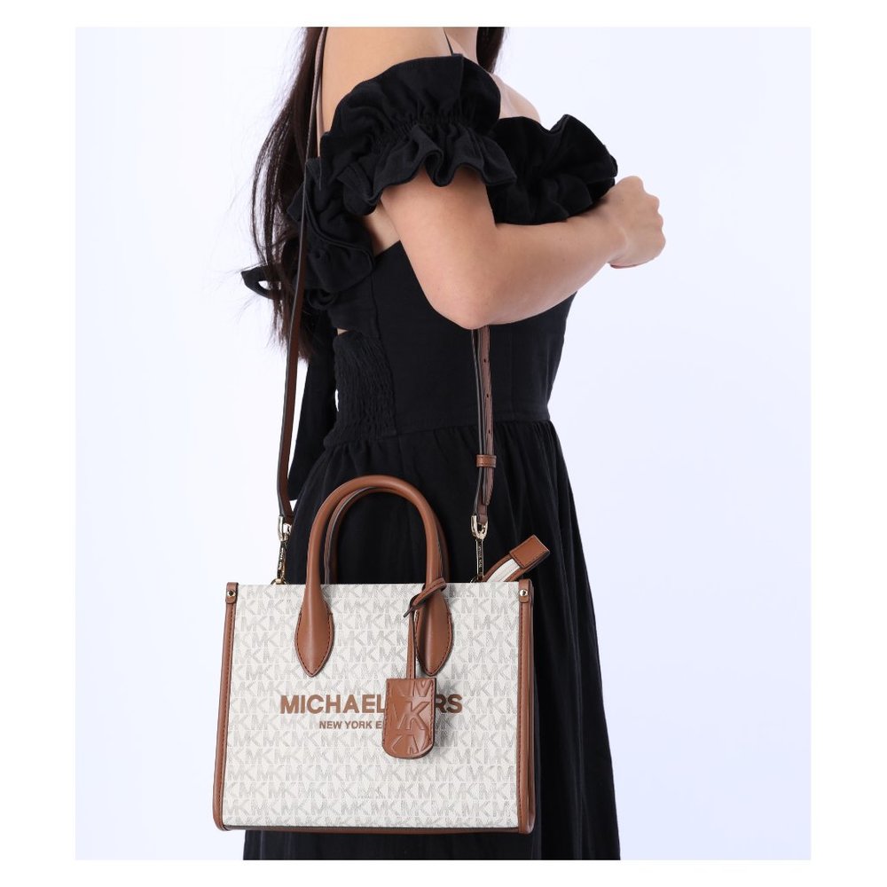Michael Kors Mirella Small Top Zip Shopper Crossbody Bag Vanilla MK Signature